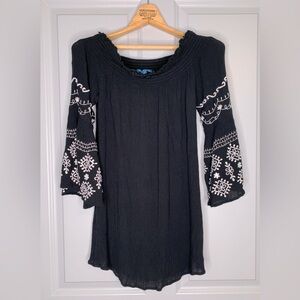 Blue Island Black Boho Off Shoulder Tunic with Embroidered Bell Sleeves, Size M